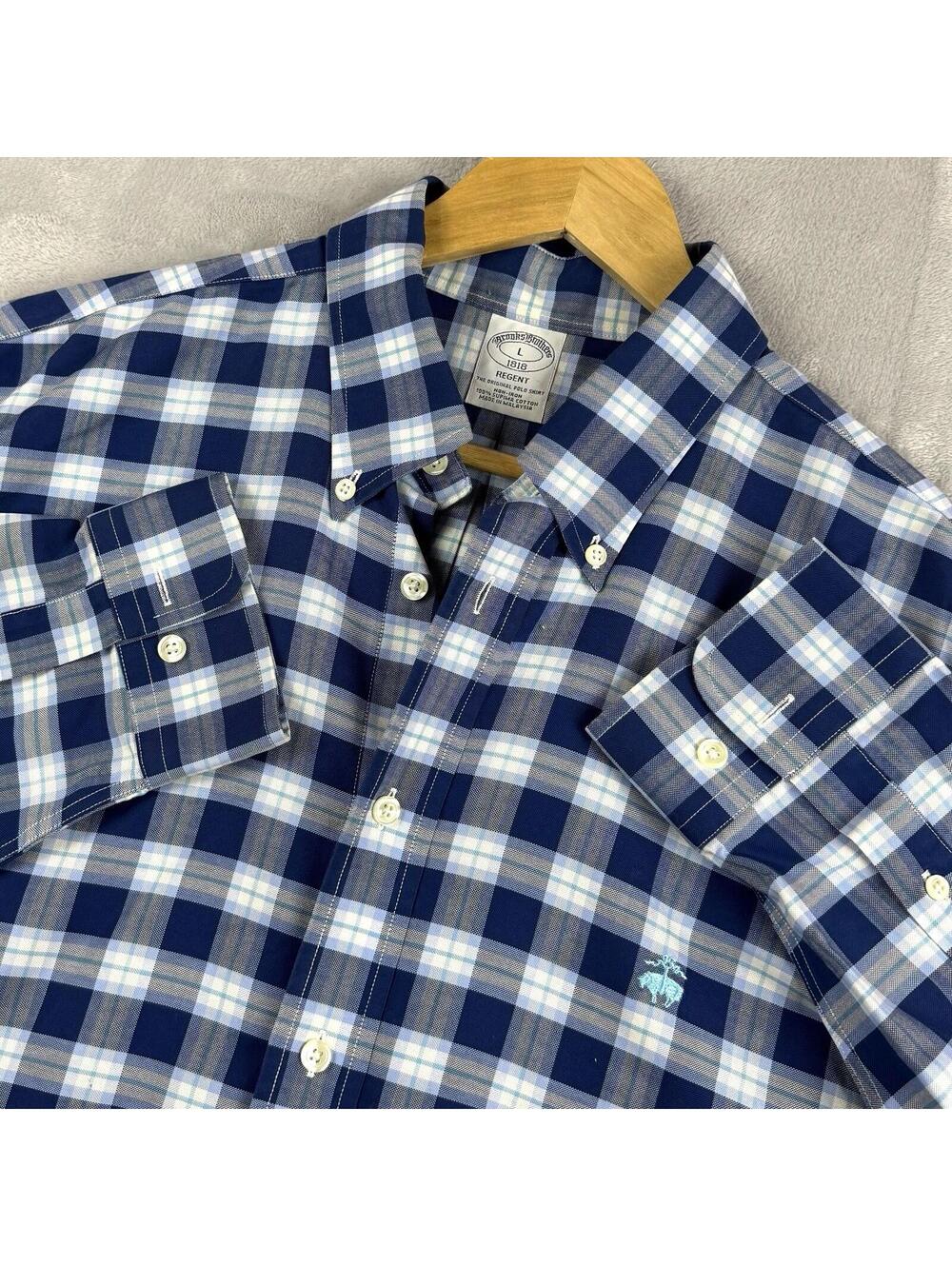 Brooks Brothers Regent Fit Non Iron Shirt Mens L Blue Plaid Cotton Casual Preppy